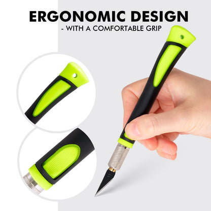 FOSHIO Precision Exacto Knife Set, 2 Pack Craft Knife with Extra 20 Exacto Blades, Hobby Knife Set with Protective Cover Rubber Handle for Crafts, Arts, Stencil, Modeling, Trimming, Carving (Green)