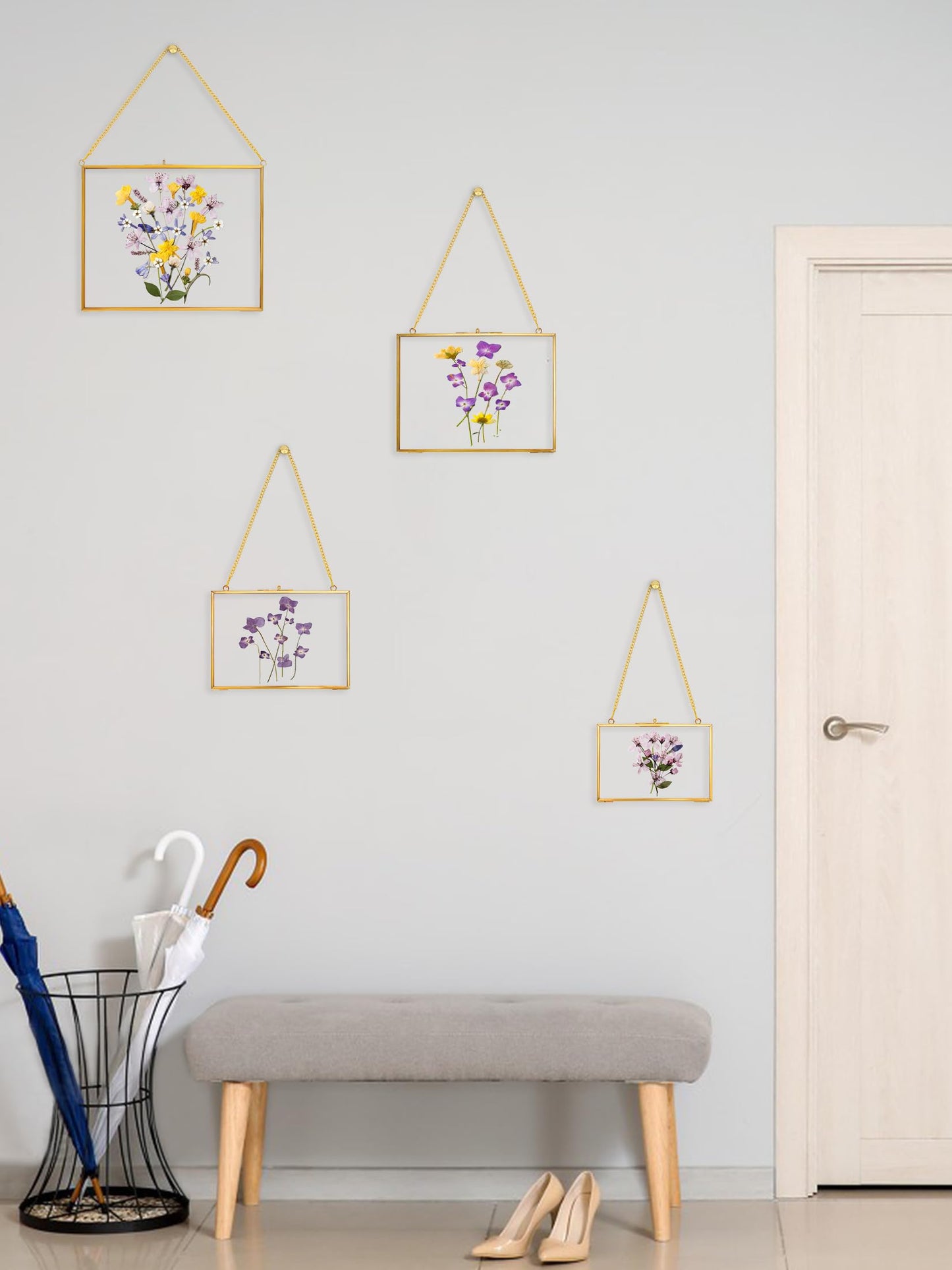 REDHUGO Hanging Pressed Flower Frame Handmade, Double Glass Picture Frame Floater frame Floating Frame for Pressed Flowers Home Wall Artwork, Rectangle Horizontal 4×6 inches, Gold (FRAME ONLY)