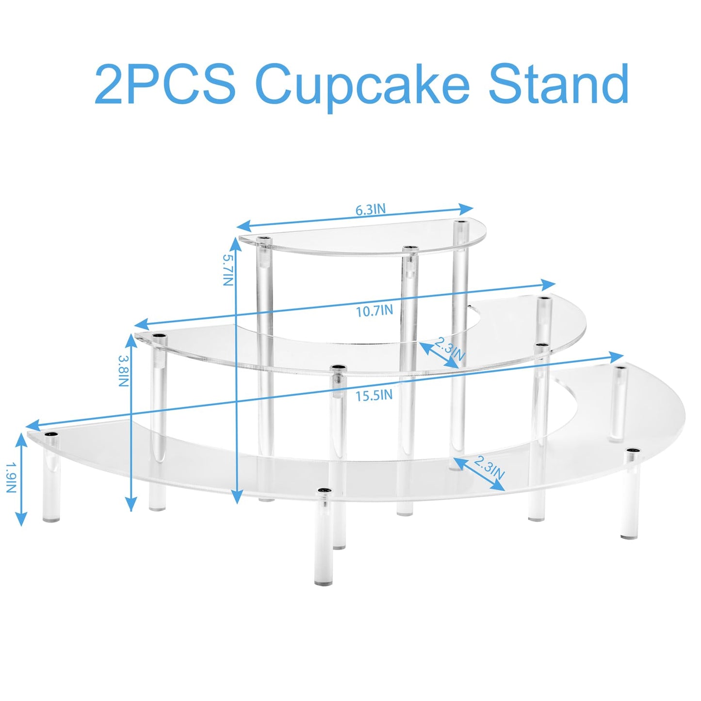 HENABLE Acrylic Display Risers, 3 Tier Clear Cupcake Perfume Stand Organizer, Half Moon Dessert Stand for Display, Food, Amiibo Funko POP Figure (2half