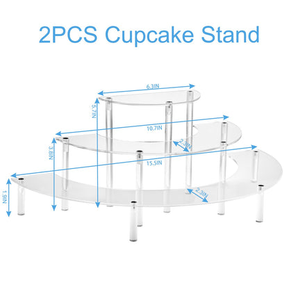 HENABLE Acrylic Display Risers, 3 Tier Clear Cupcake Perfume Stand Organizer, Half Moon Dessert Stand for Display, Food, Amiibo Funko POP Figure (2half