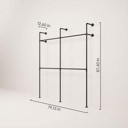 pamo Industrial Pipe Clothing Rack – Wall Mounted Black Closet System in Powder-Coated Steel – 79.13" W × 87.4" H – Easy Setup – Ideal for Walk-In Closets & Retail Use