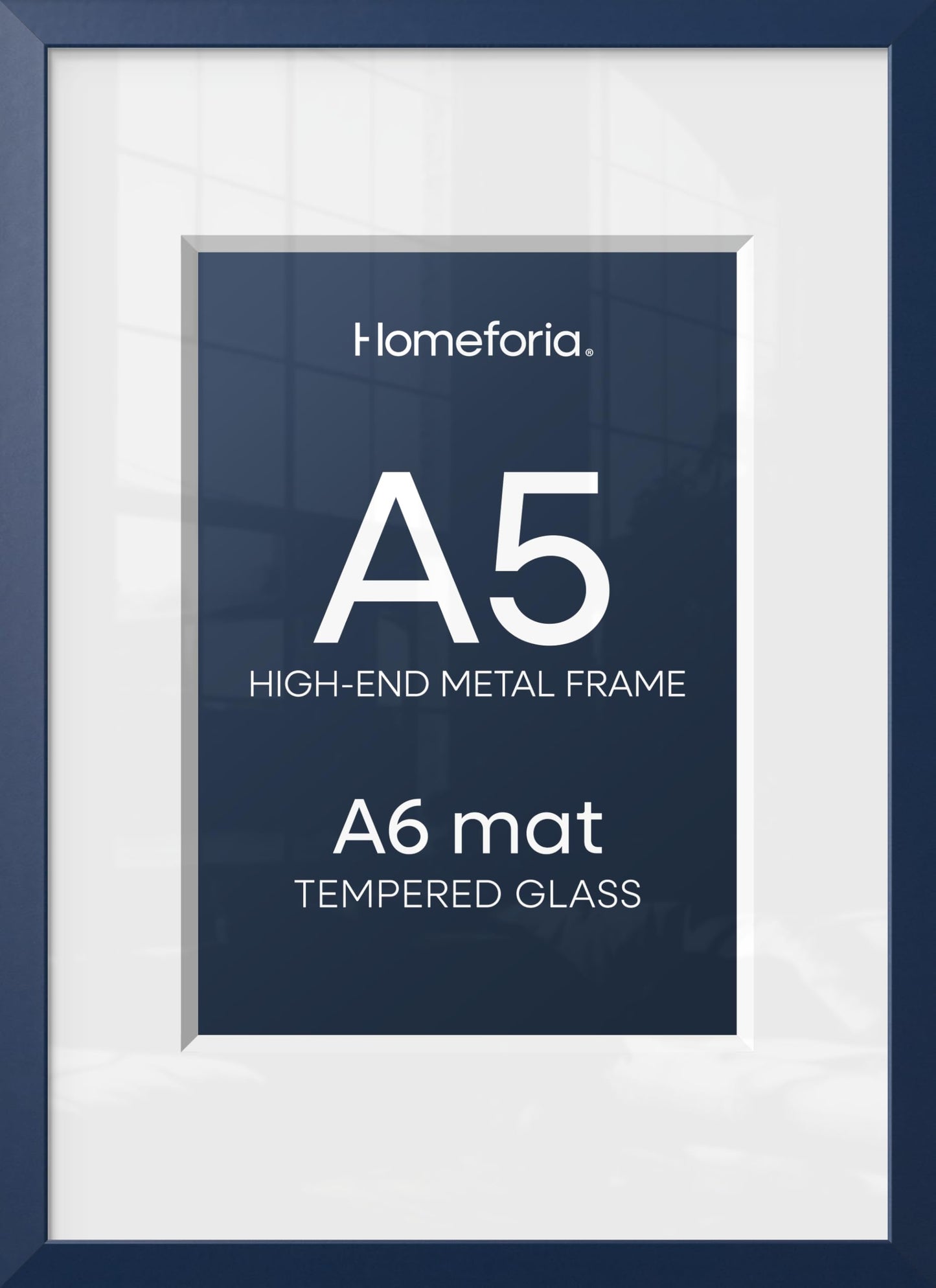 Homeforia A5 Navy Blue Frame, High End Metal 5.8 x 8.3 Picture Frames Matted to 4.1 by 5.8 inch Art, A5 Display Photo Frame with Mat A6, 5.8x8.3 Blue Poster Frames, Tempered Glass, Wall Kit, Set of 1