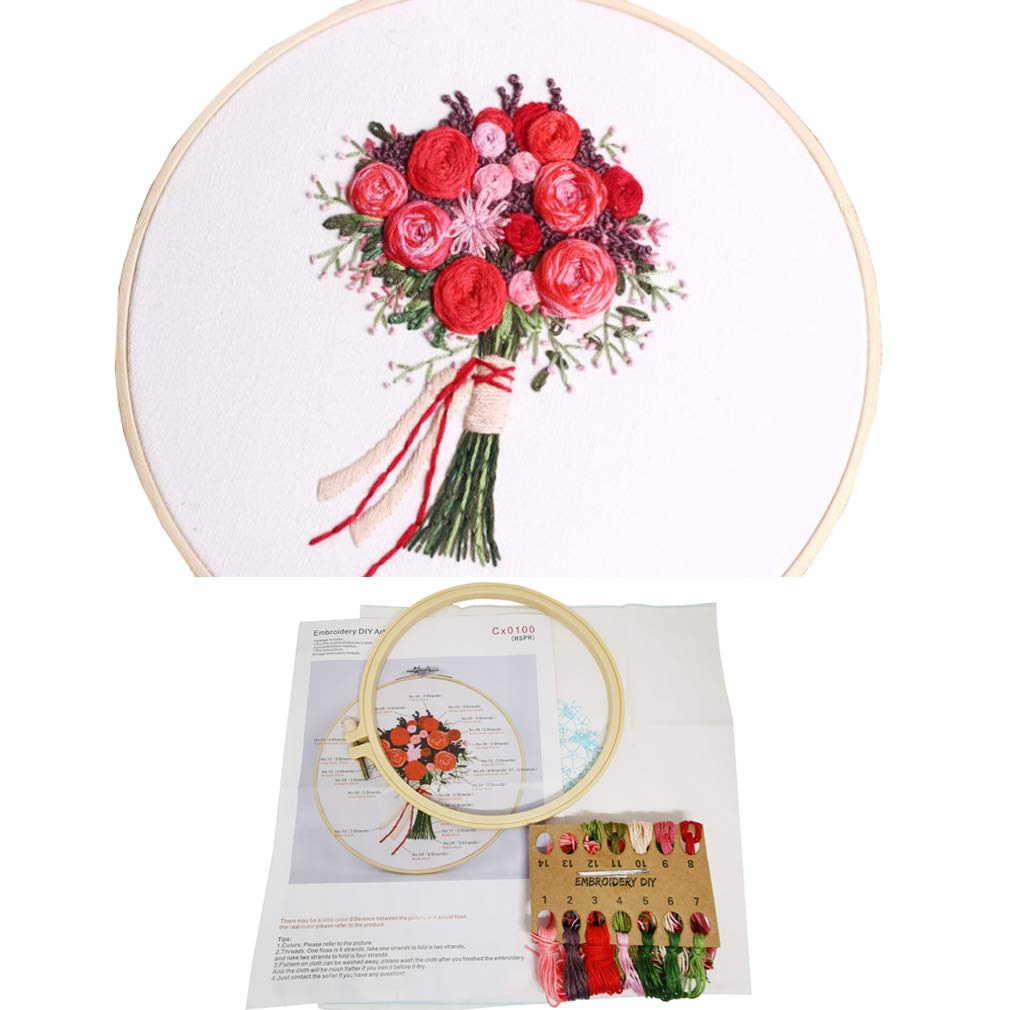 3 Sets Embroidery Starter Kit with Pattern and Instructions,Cross Stitch Beginner Kits with Frame,3 Plastic Embroidery Hoops,3 Embroidery Clothes and Color Threads (3 X Flower Pattern)