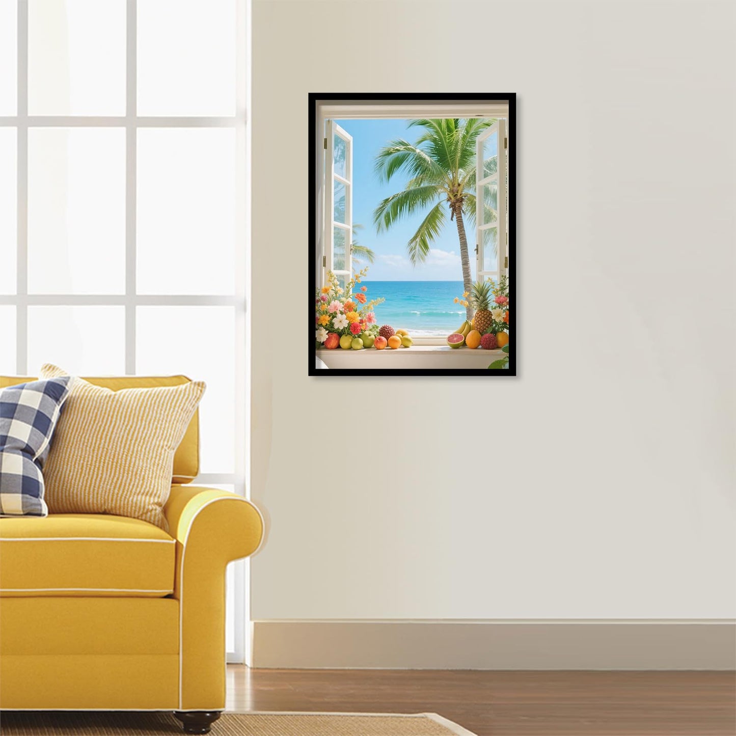 JZHYOAN Summer Beach Window Diamond Painting Kit Hawaii Tropical Island Palm Leaves Ocean Diamond Art Kits for Adults 5D Full Drill Crystal Rhinestone Round Gem Art Craft Kits for Wall Decoration