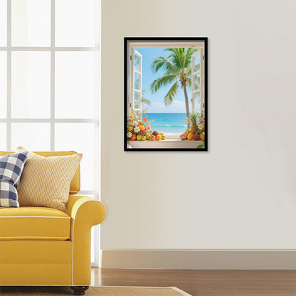 JZHYOAN Summer Beach Window Diamond Painting Kit Hawaii Tropical Island Palm Leaves Ocean Diamond Art Kits for Adults 5D Full Drill Crystal Rhinestone Round Gem Art Craft Kits for Wall Decoration