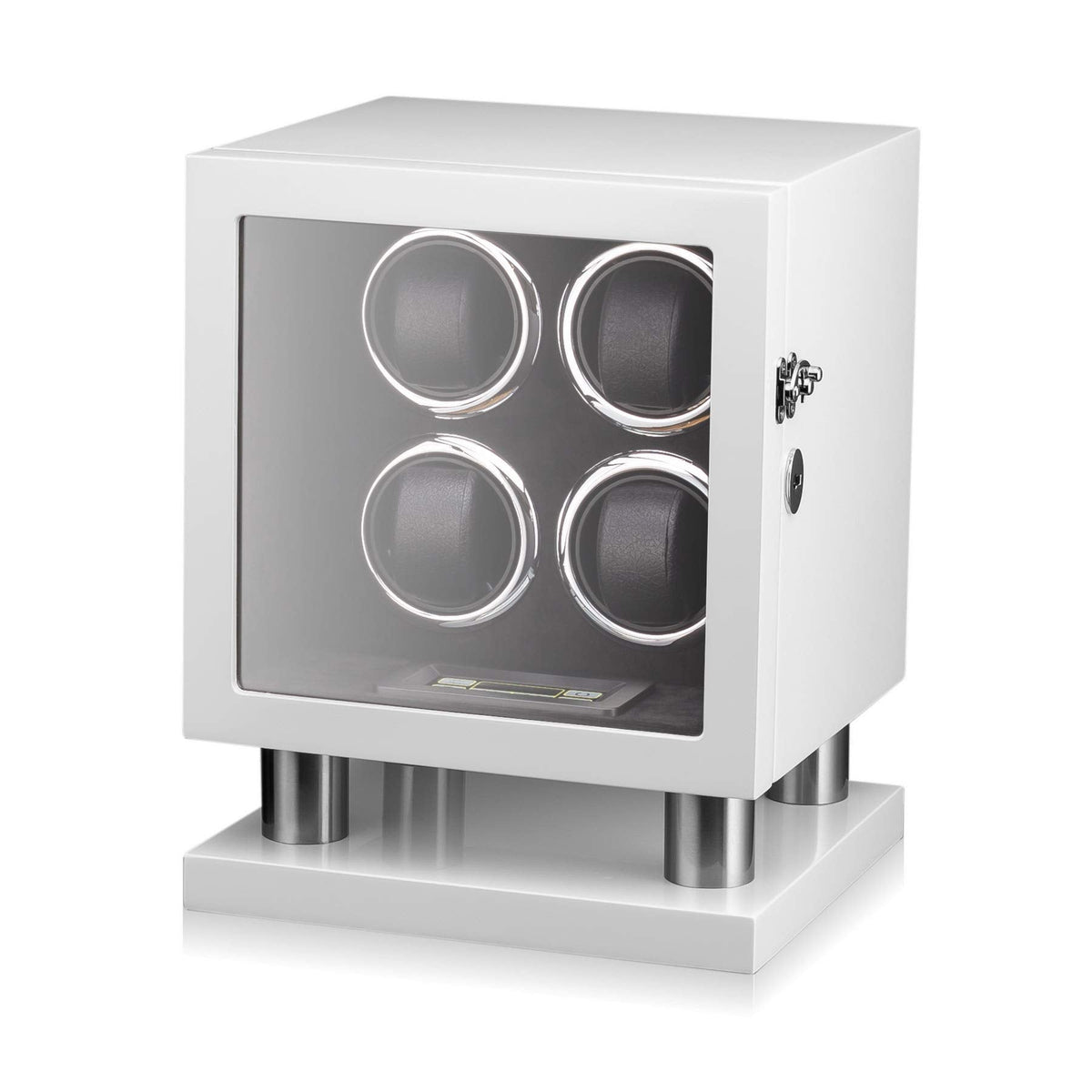 Watch Winder for 4 Watches with LED Backlight, LCD Display and Motor-Stop Option (White & Black)