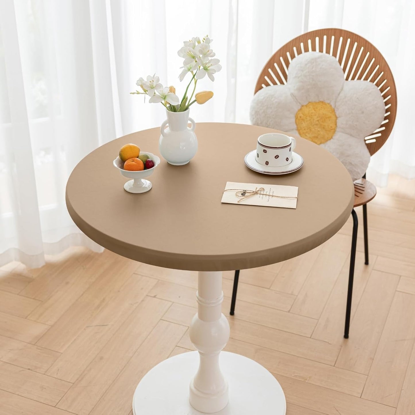24 Inch Coffee,24"Dia) Round Fitted PU Tablecloth with High Elastic Edge Dia Waterproof Oil Proof Table Cloth