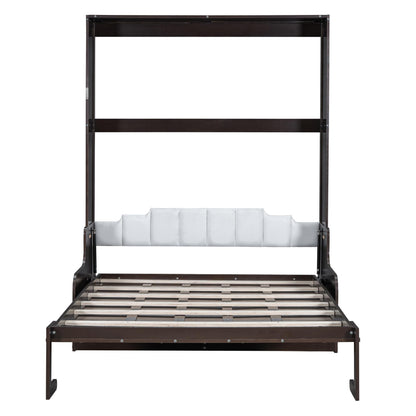Merax Queen Size Murphy Bed Frame, Modern Wall Bed Can Be Folded into Cabinet, Chair with Cushion, Espresso