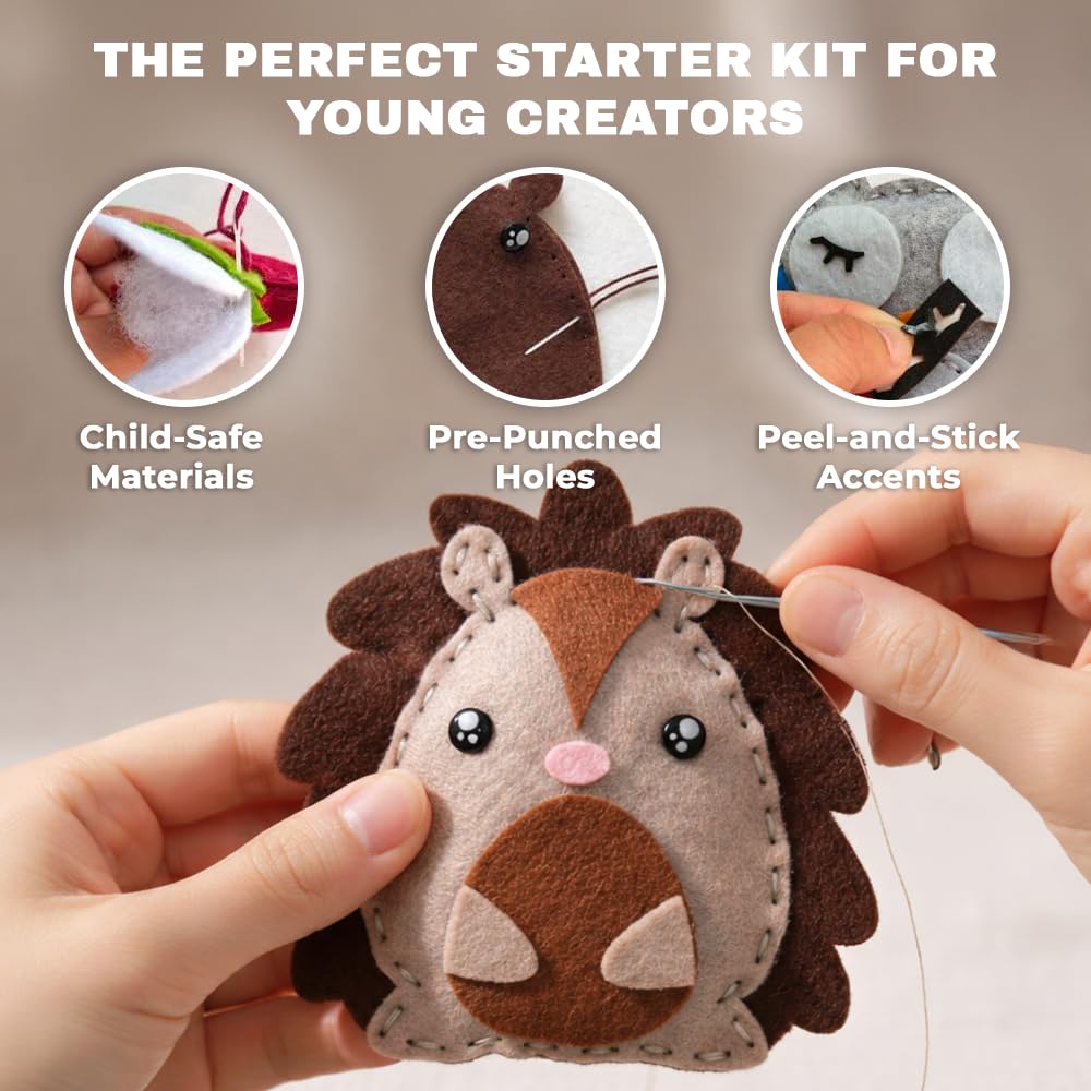 DeFieltro Sewing Kit for Kids - DIY Forest Animals Kids Sewing Kit for Beginners Ages 7-12, Educational Craft Kits with 7 Felt Figures, Safe Plastic Needles and Accessories