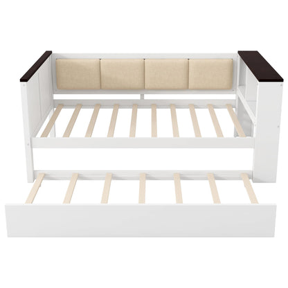Merax Twin Size Wood Daybed with Storage Shelves, Platform Bed Frame Upholstered Backrest, USB and Trundle, Easy Assembly, White