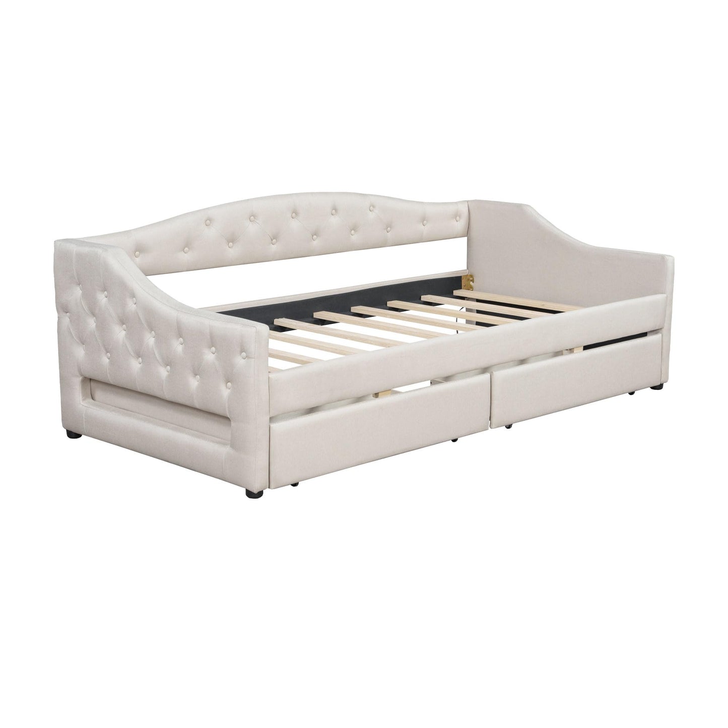 DNYN Twin XL Upholstered Daybed with Storage Drawers for Kids,Adults,Solid Wood Bedframe w/Led & Fabric Backrest Design,No Box Spring Needed & Easy Assembly, Beige
