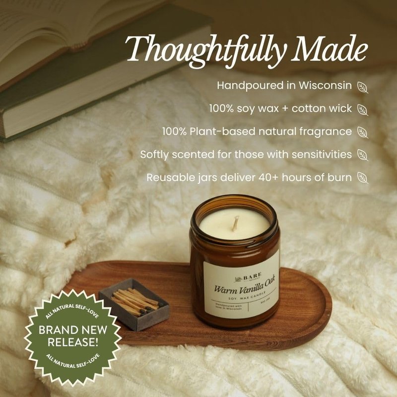 Bare Botanics Warm Vanilla Oak 9oz Soy Candle - 100% Plant-Based Fragrance Oils - Premium, Non-Toxic Candle - Softly Scented Natural Soy Wax - Handpoured in WI - 40 Hrs Long Burning & Ready to Gift
