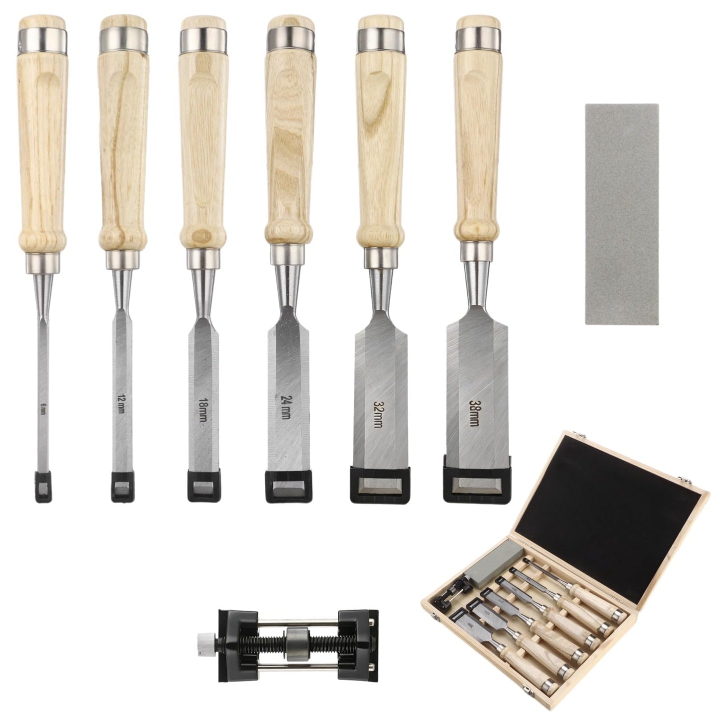 8 Pcs Wood Chisel Set for Woodworking, CR-V Steel Wood Carving Chisels Kit (1/4" to 1-1/2") with Sharpening Stone & Honing Guide, Professional Carpentry Hand Tools in Wooden Box