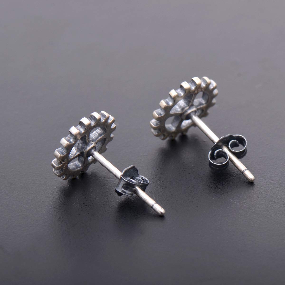 925 Sterling Silver 9MM Steampunk Gear Earrings Studs, Antiqued Finish