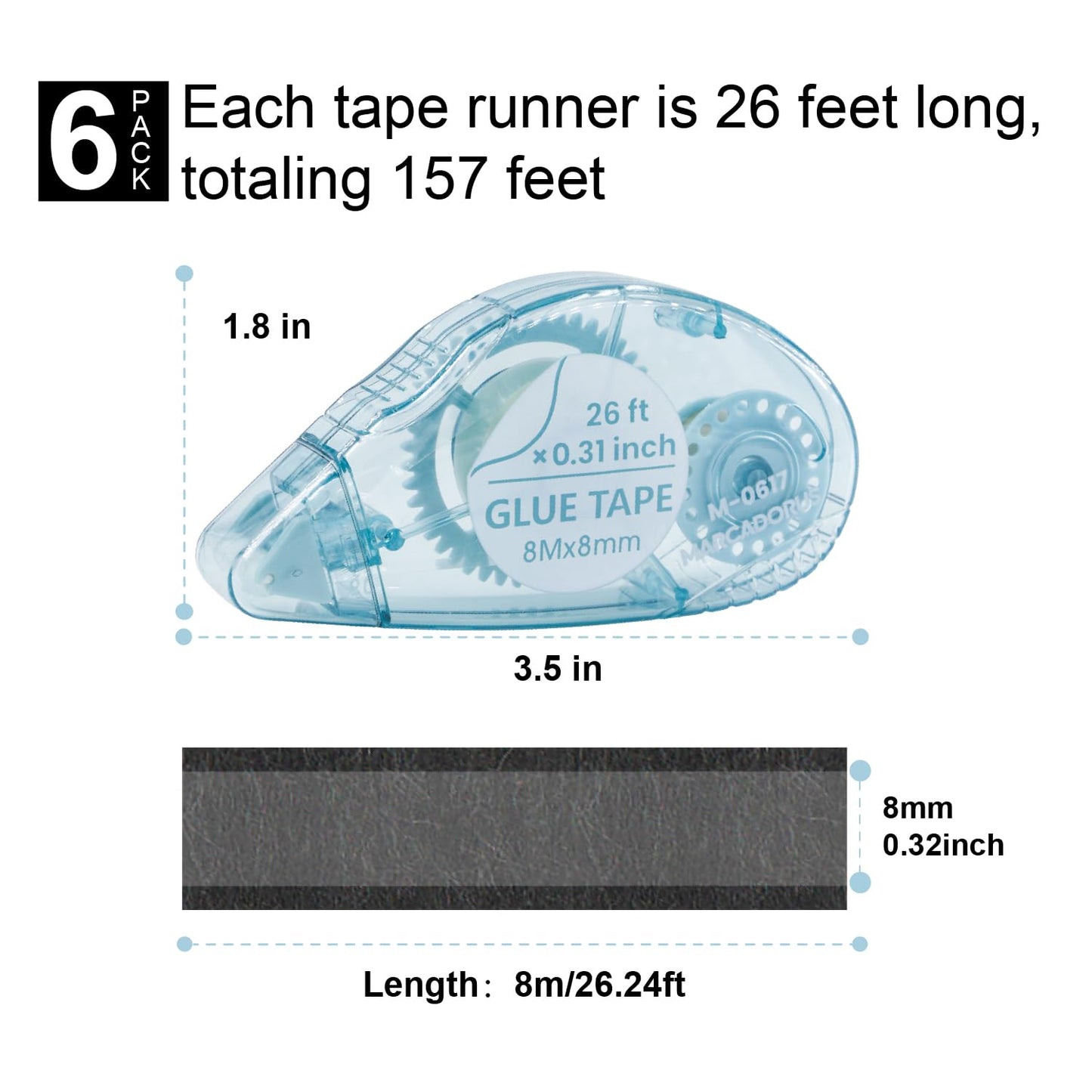MARCADORUS Double Sided Tape for Crafts, Pack of 6 Glue Tape Roller, 26 Ft x 0.31 in Scrapbook Tape, Tape Runner for Scrapbooking Supplies, Office, School, Craft Supplies and Journaling Supplies.