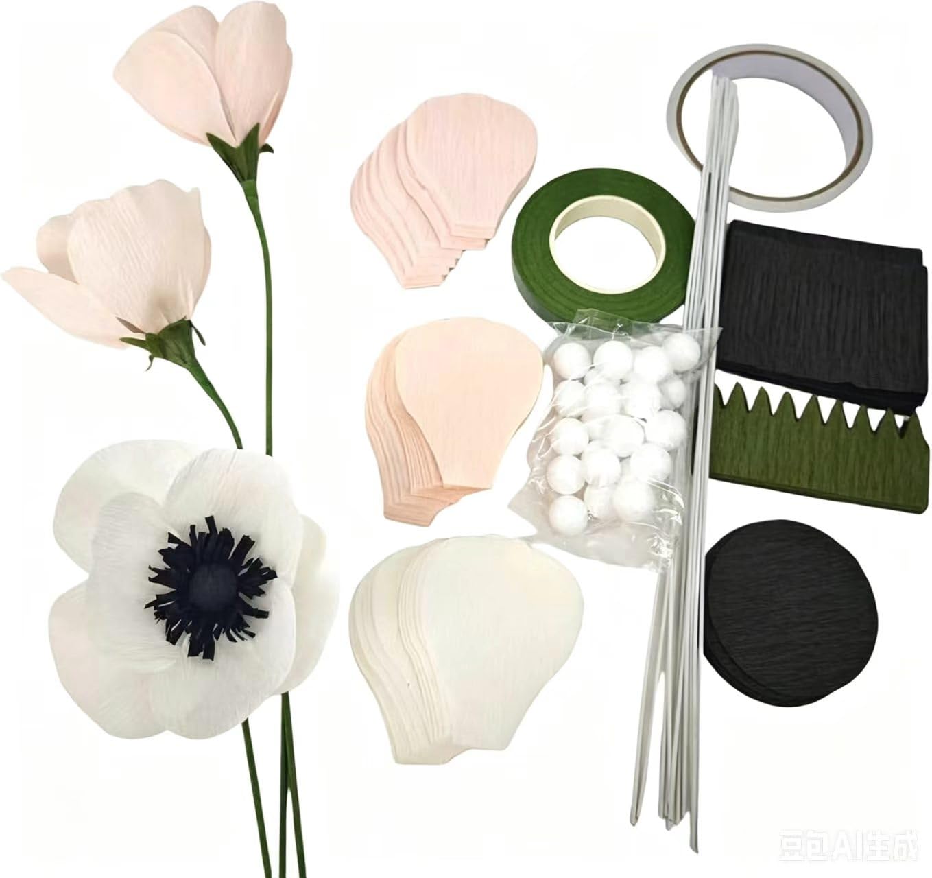 Crepe Paper Anemone DIY Flower for Home Decoration Making Kit 24 pcs (Blush - Peach - Cream)