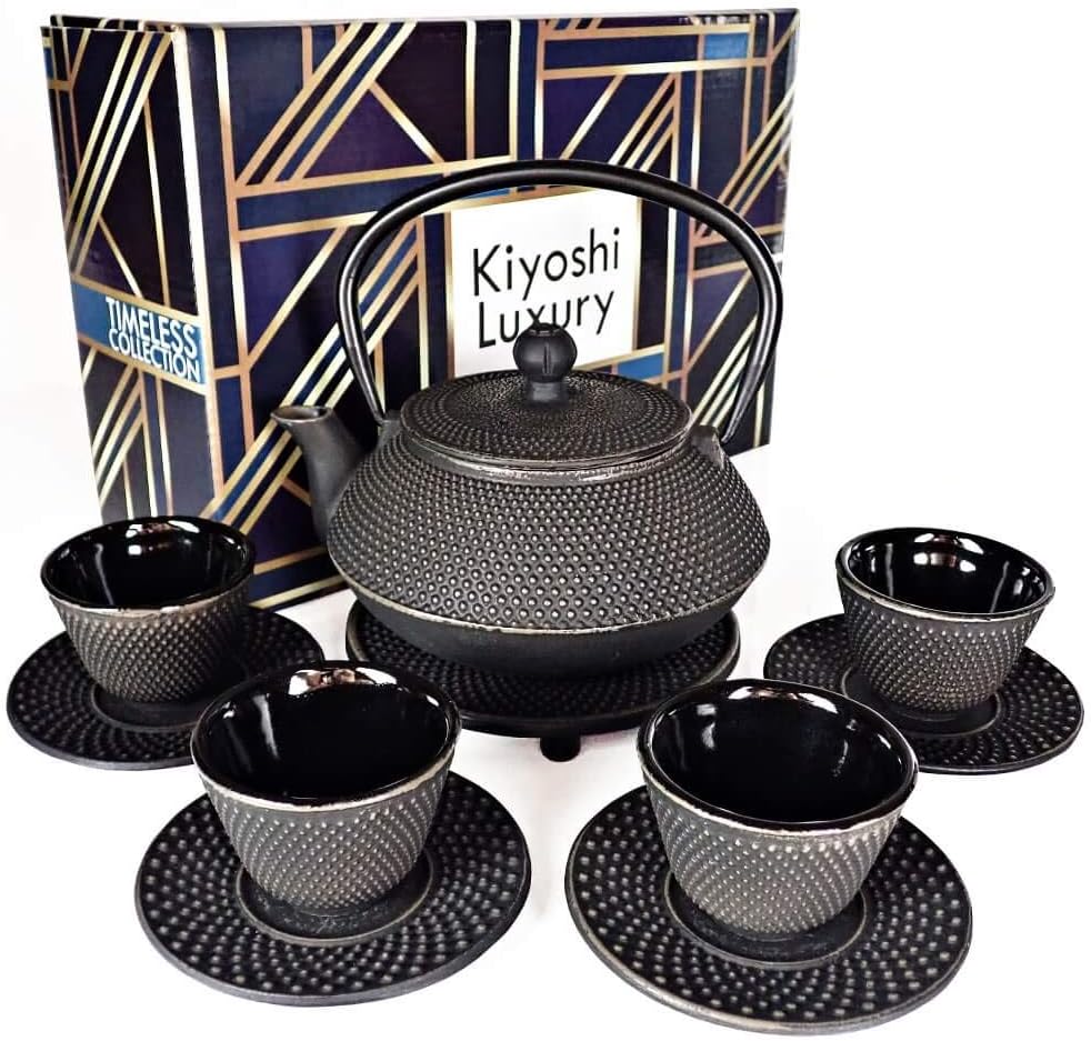 11PC Set 26Oz 4 (2Oz 4 Large Japanese Tea "Gashu Black" Cast Iron Tea Pot with Tea Cups each), Saucers, Loose Leaf Tea