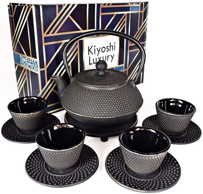11PC Set 26Oz 4 (2Oz 4 Large Japanese Tea "Gashu Black" Cast Iron Tea Pot with Tea Cups each), Saucers, Loose Leaf Tea