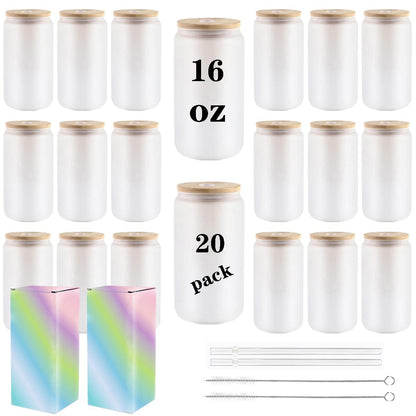 ABBSH Frosted Sublimation Glass Cups With Bamboo Lid 16oz Tumblers 20Pack Blanks Glasses Beer Can and Straws…