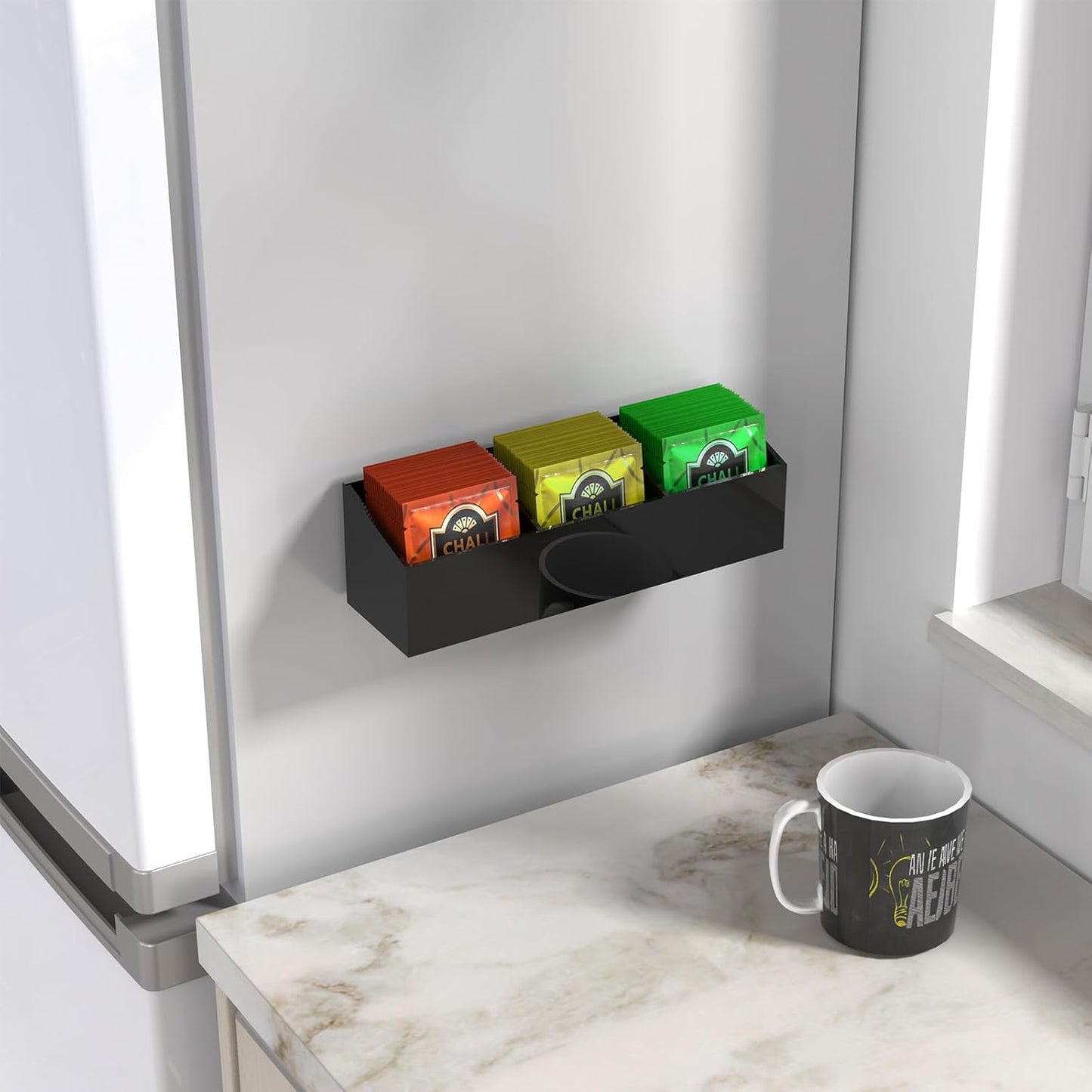 NiHome Magnetic Three-Compartment Acrylic Tea Bag Organizer, Durable Storage Solution for Tea Bags (Black)