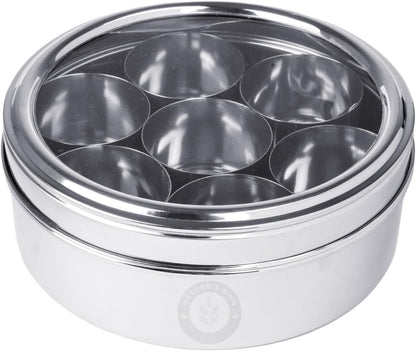 Nature's Own Stainless Steel Spice Box with Non-Breakable Transparent Glass, 7 Containers and 1 Spoon, Spice Box (22CM)