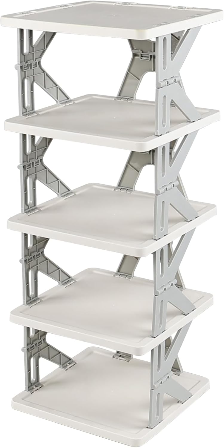 Eagrye 5 Closet, Tier Vertical Narrow Shoe Storage Organizer for Saving Space, Gray Plastic Small Collapsible Shoe Rack