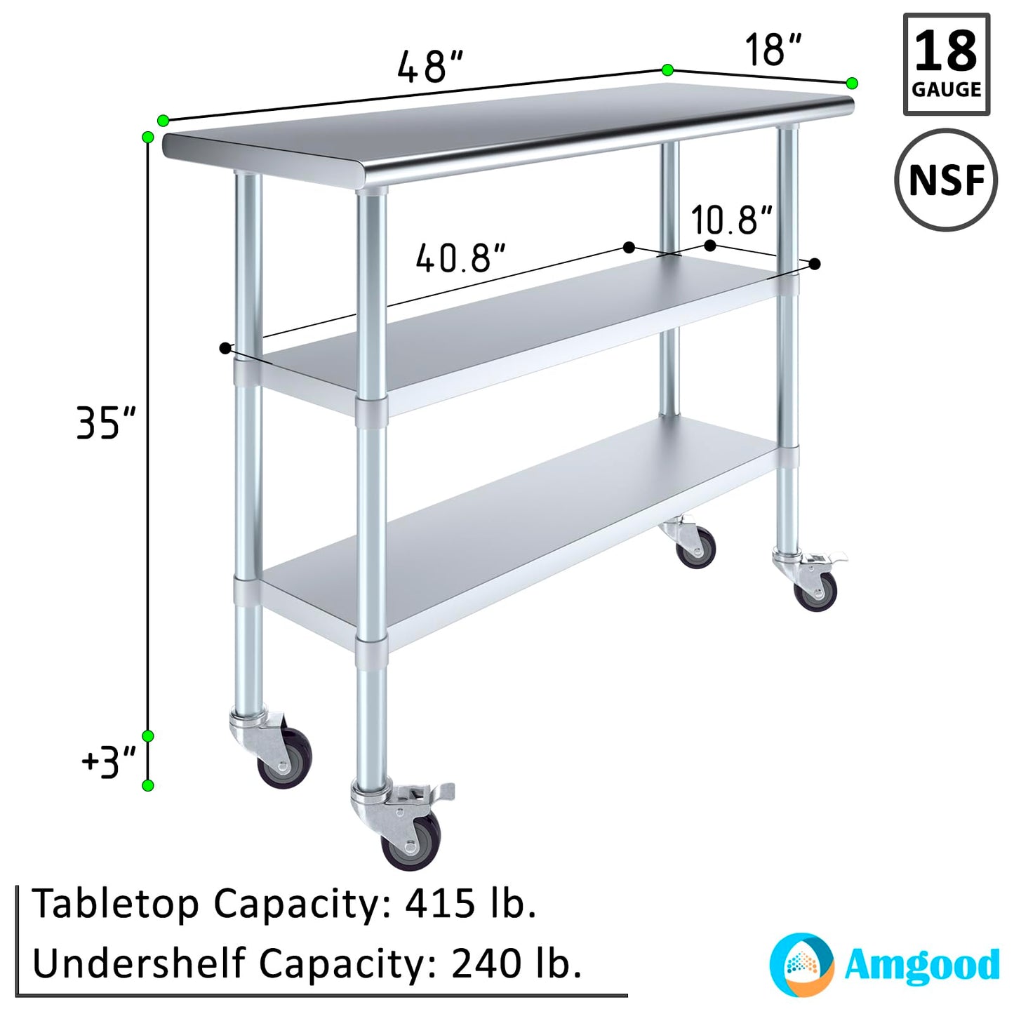 AmGood Stainless Steel Work Table with 2 Shelves with Casters | Metal Utility Table | Commercial & Residential NSF Utility Table (Stainless Steel Table with 2 Shelves, 48'' Long x 18'' Deep)
