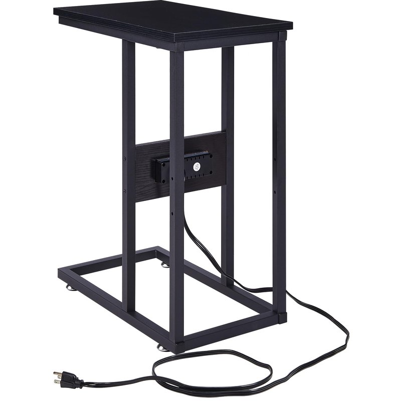 VECELO C Shaped End Side Table with Charging Station & Power Outlets for Couch Sofa/Bed, Snack TV Tray with Metal Frame for Living Room Bedroom 1 Set, Black