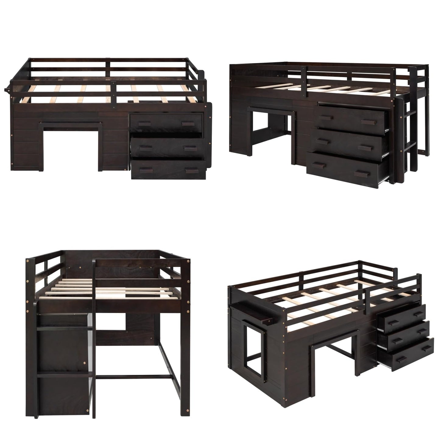 Merax Twin Size Loft Bed, Wood Bedframe for Kids Teens Adults Bedroom with Cabinet, Shelf, Stairs, Espresso