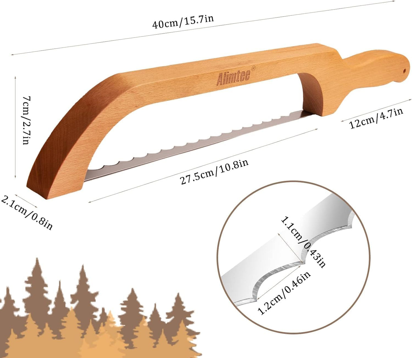 16" Wooden Serrated Bread Knife for Homemade Bread, Fiddle Bow Design Sourdough Cutter, Premium Stainless Steel Gift