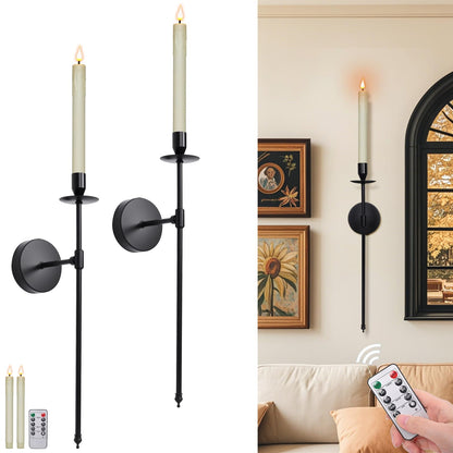 Yollzey Candle Holder Wall Sconces Set of 2 with Battery Operated Candles and Remote Control, Wall Sconces Home Decor, Battery Candle Sticks Holder with Flameless Flickering Taper Timer Black
