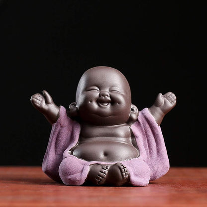 Ceramic Laughing Buddha Statue, Maitreya Happy Buddha Figurine, Cute Baby Monk Home Decor, Purple