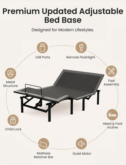 Full Size Adjustable Bed Base with Wireless Remote & USB Ports – Quiet Motor Heavy Duty 750lbs Capacity Bed Frame for Elderly Back Pain Relief, Foldable Design, Mattress Friendly Adjustable Base