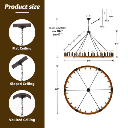 FOVICY 60-Inch Wagon Wheel Chandelier, 42-Light Large Rustic Farmhouse Chandelier for High Ceilings, Wooden Round Chandelier Lighting for Foyer, Entryway, Living Room, Dining Room