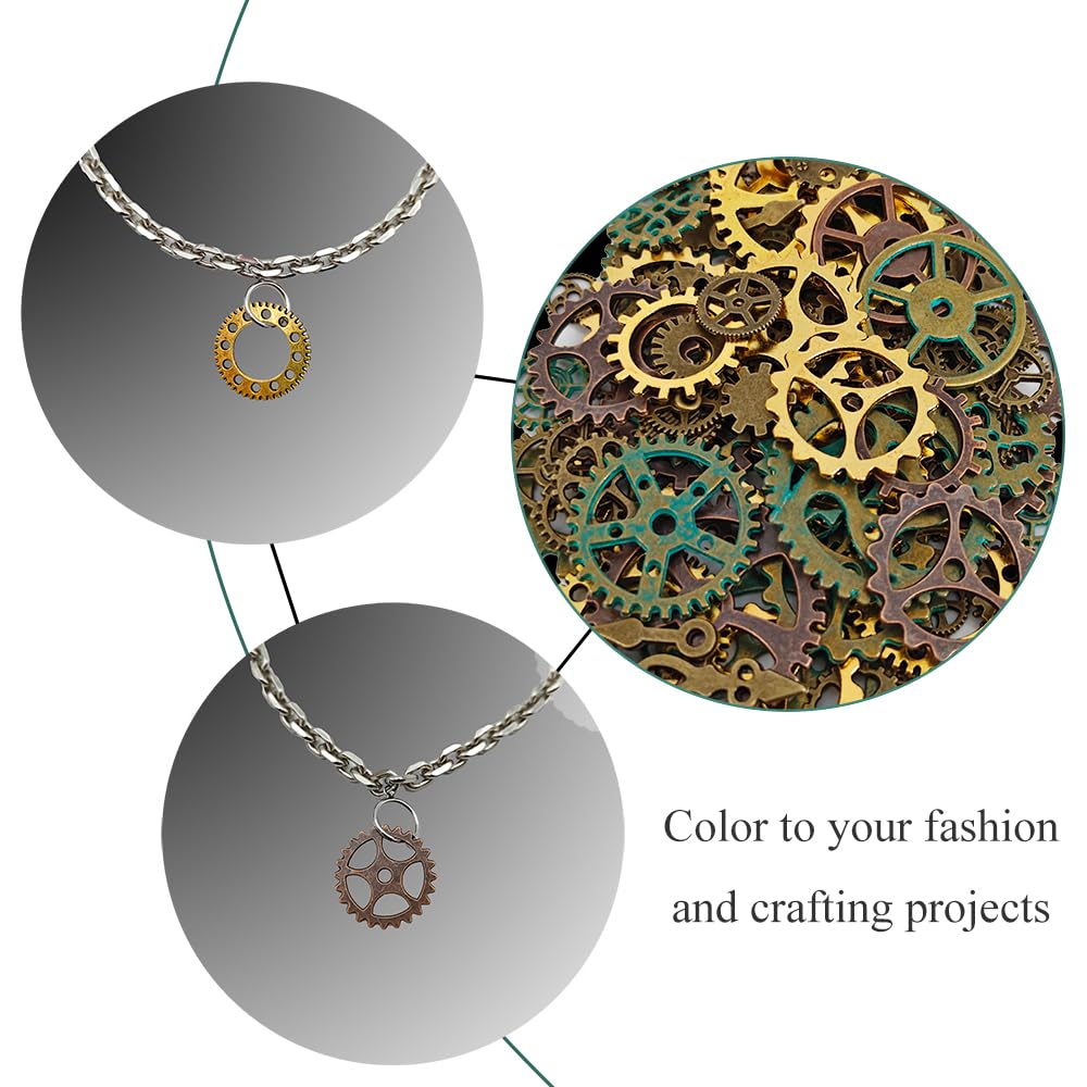 Antique Metal Steampunk Gears Charms Pendant Bulk Mix Steampunk Wheel Alloy Gear 200 Gram about 260 Pieces Different Size 4 Color Antique Metal Free of Rough Edges for Crafting Jewelry Making