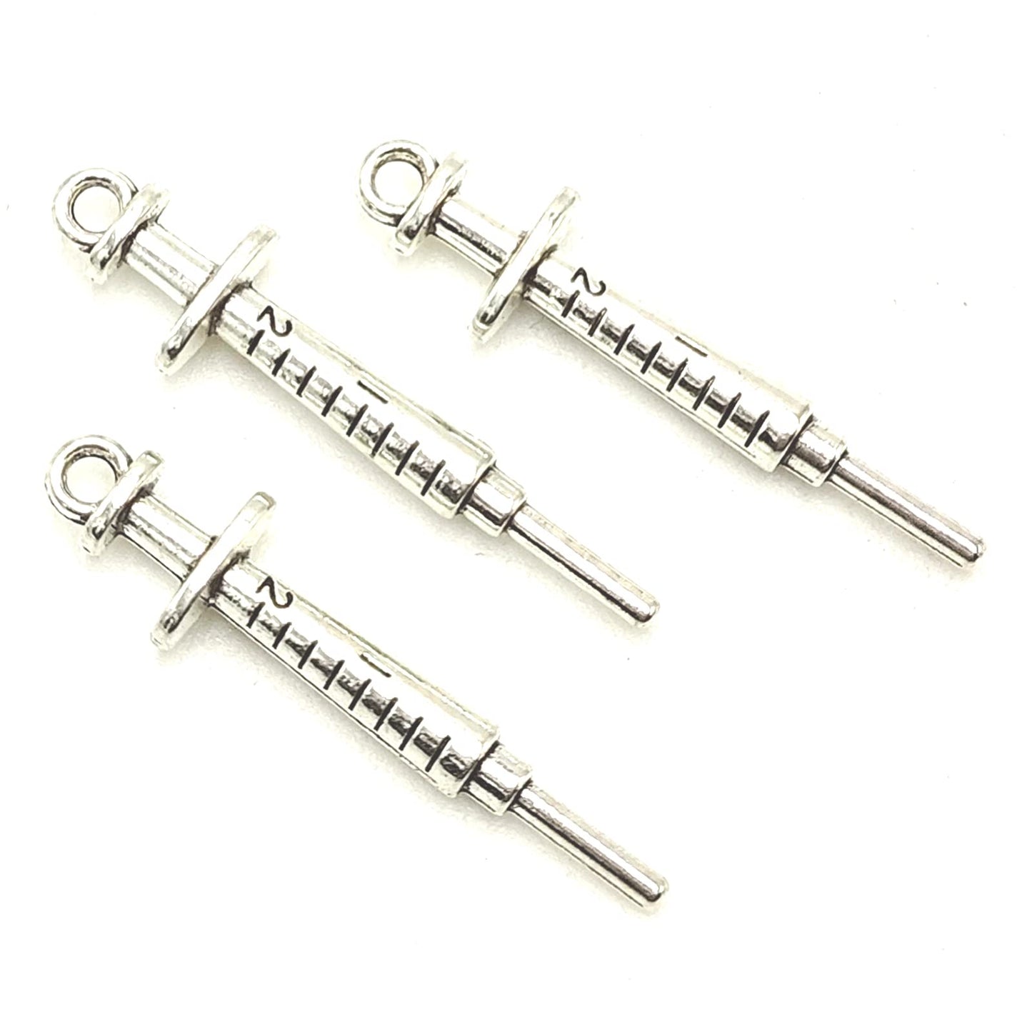 YOOGCORETT 15pcs Alloy Charms Syringe Pendants Beads Nurse Medical Theme Charms Bulk Silver Jewelry Making for Necklace Bracelet DIY Craft Findings Supplies Making 36 X 9mm (Ancient Silver)