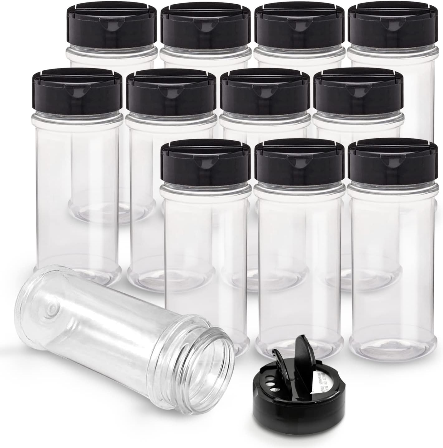 12 Pack 5.5 Oz RoyalHouse Plastic Spice Jars with Black Cap, Clear and Safe Plastic Bottle Containers with Shaker Lids