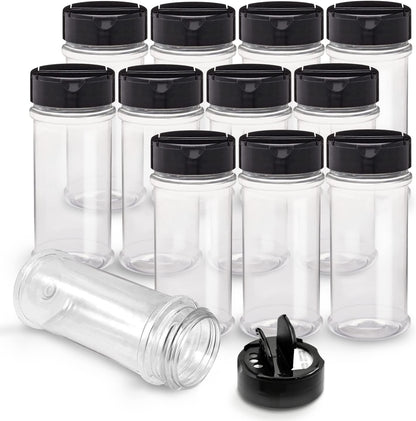 12 Pack 5.5 Oz RoyalHouse Plastic Spice Jars with Black Cap, Clear and Safe Plastic Bottle Containers with Shaker Lids