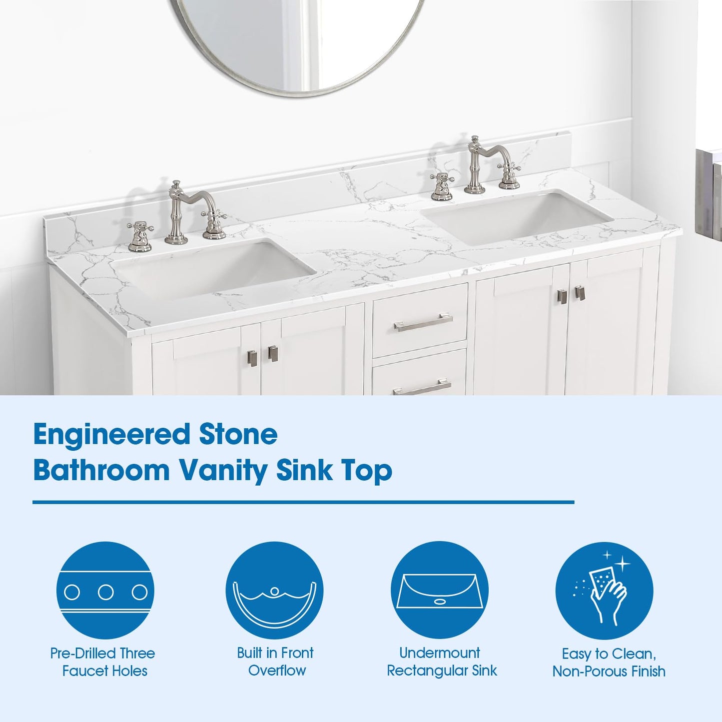 EQLOO 60 Inch Engineered Stone Bathroom Vanity Sink Top, with Undermount Rectangular Double Sinks, Vanity Countertop with 8 inch Faucet Hole Spacing and Backsplash in Lightning White