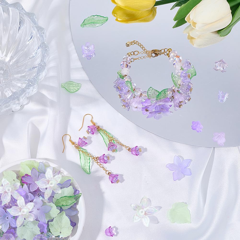 BEAMARKER 500Pcs Acrylic DIY Flower Leaf Beads Kits Including Assorted Purple Flower Loose Beads Maple Leaf Pendants Charms Acrylic Floral Caps for Earring Bracelet Necklace Craft Jewelry Making