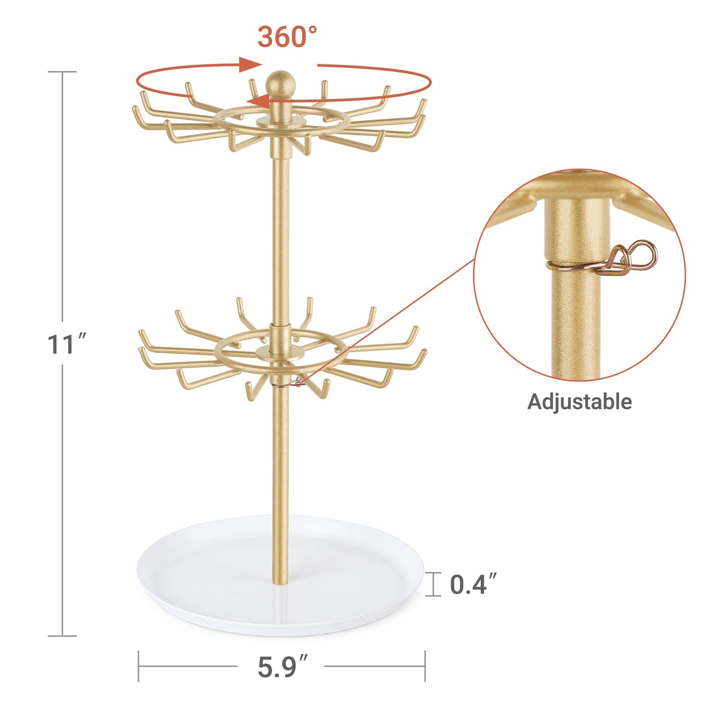 Mkono Bracelet Holder Gold Metal Rotating Bracelet Display Stand 2 Tier Jewelry Organizer with 24 Hooks and Wood Tray Adjustable Tree Stand Tower Rack for Storage Selling KeyChain Bangle Accessories