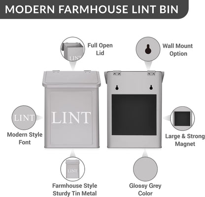 Calindiana Modern Farmhouse Metal Magnetic Lint Bin for Laundry Room Decor with Lid, Wall Mount Space Saving Trash Can,