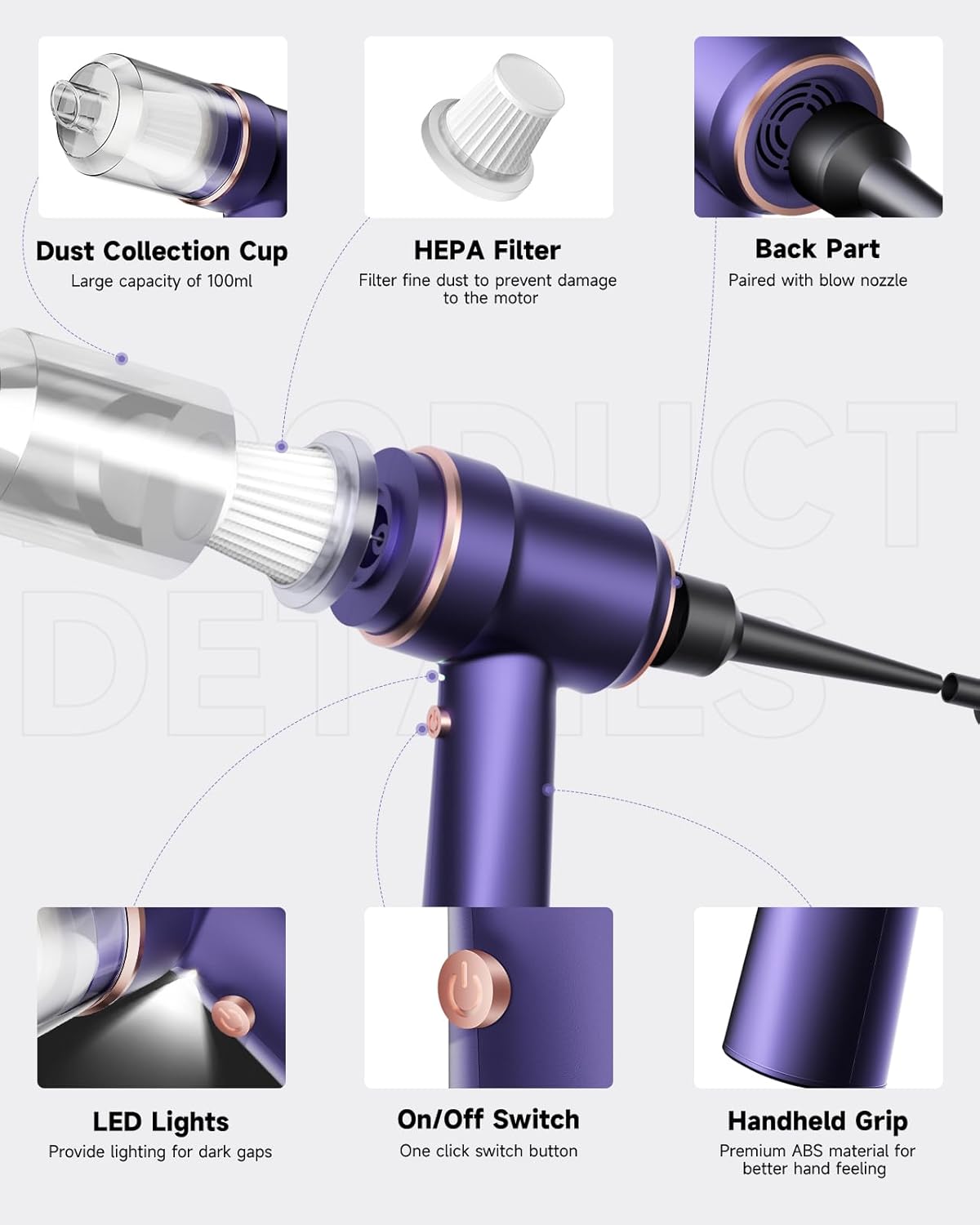 Handheld Vacuum Cleaner with LED Light, 9000 PA Portable Cordless Car Vacuum for Home and Office
