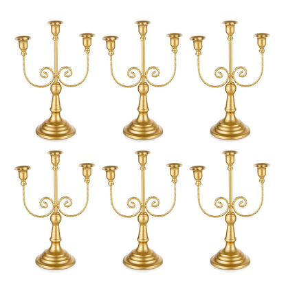 Romadedi Candelabra Gold Candle Holders - 3 Arm 11.8" Wedding Candlestick Holder for Theme Party Table Centerpiece Decor Dining Room Birthday Holiday Christmas, Set of 6