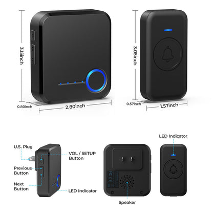 Wireless Doorbell, Waterproof Door Bell with 60 Chimes, 5 Levels Volume and LED Flash, 1000ft Long Range Classroom Doorbell for Home Office Hospital (2 Receiver & 1 Button, Black)