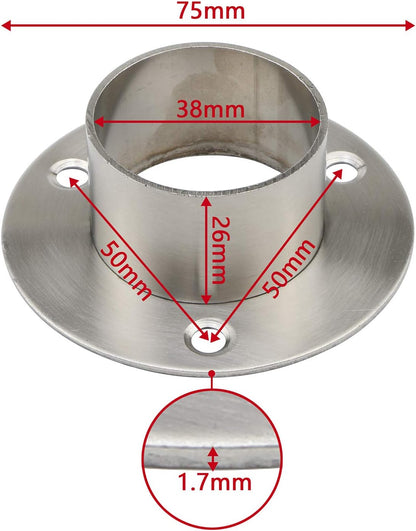 Stainless Steel Closet Rod Flange Holder for 1.5 inch (38mm) Diameter Steel Pipe, Pack of 2