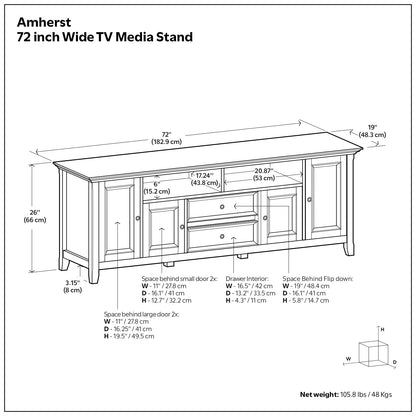 SIMPLIHOME Amherst TV Stand - 72 inch Wide Solid Wood Entertainment Console in Black/Smoky Brown, Transitional Media Center for TVs up to 80 Inches with Cabinets, Drawers, Shelves and Cable Management
