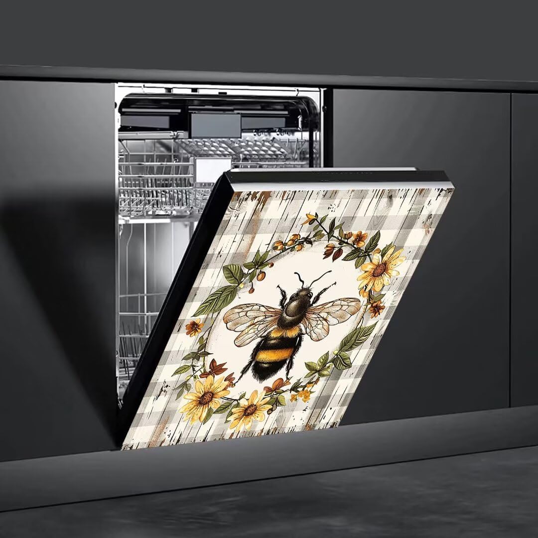 Bee Flower Wreath Dishwasher Magnet Decoration, 23Wx26H Wood Grain Texture Refrigerator Sticker for Farmhouse Kitchen