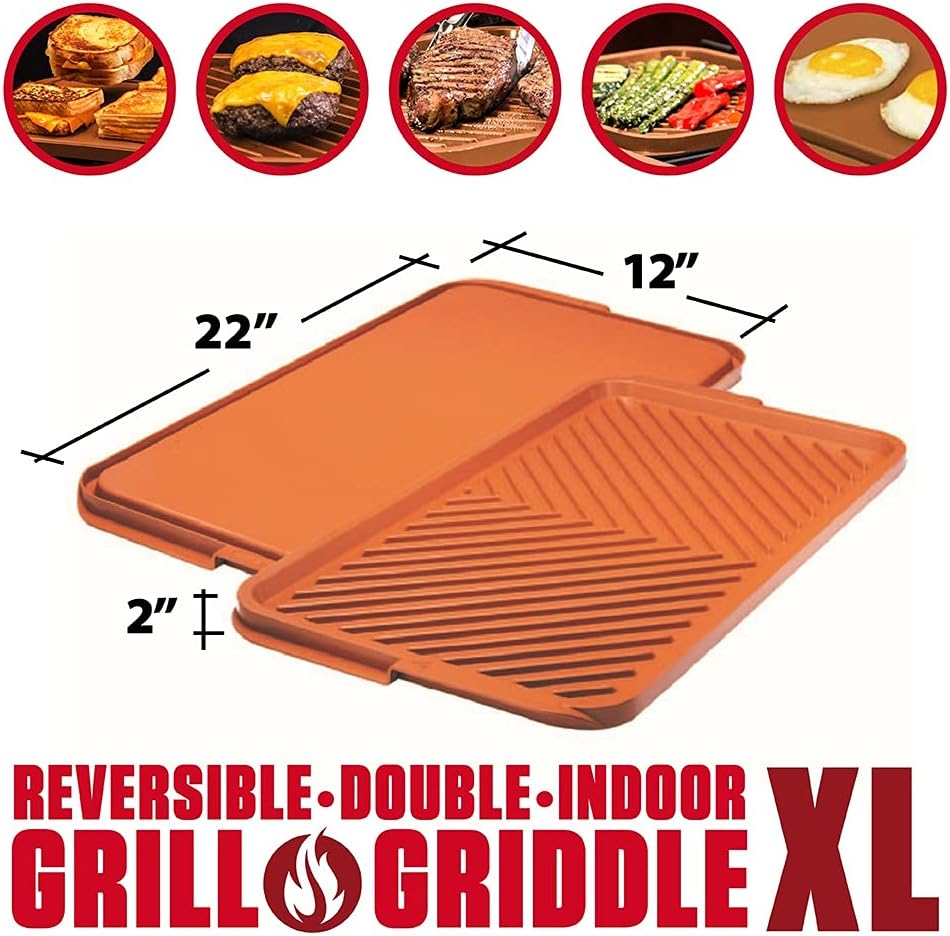 Gotham Steel XL Nonstick 2 in 1 Griddle Pan & Grill Pan, Reversible Copper Griddle for Stovetop & Outdoor Use