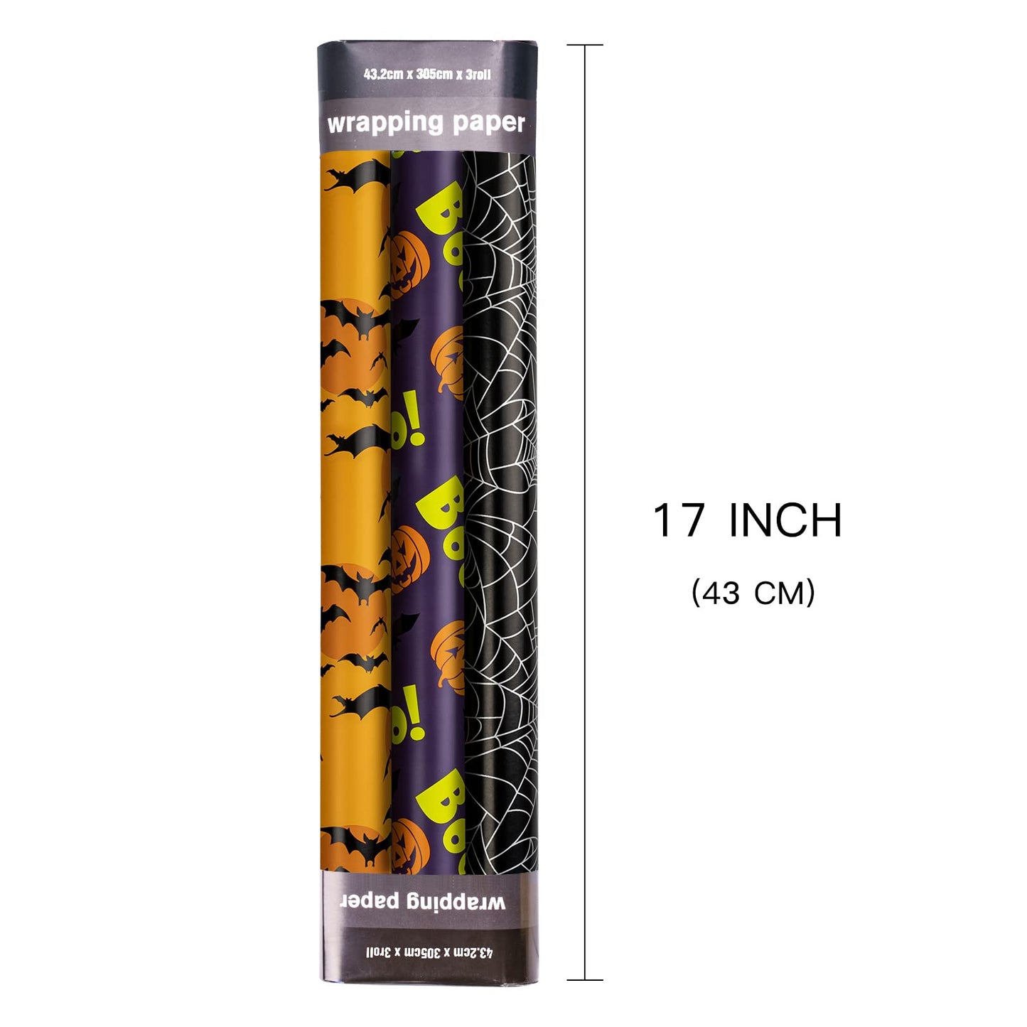 LeZakaa Halloween Wrapping Paper Roll - Mini Roll - Pumpkin with Boo Letters/Bat/Spider Web Print for Gift Wrap, DIY Craft - 17 x 120 inches - 3 Rolls (42.5 sq.ft.ttl.)